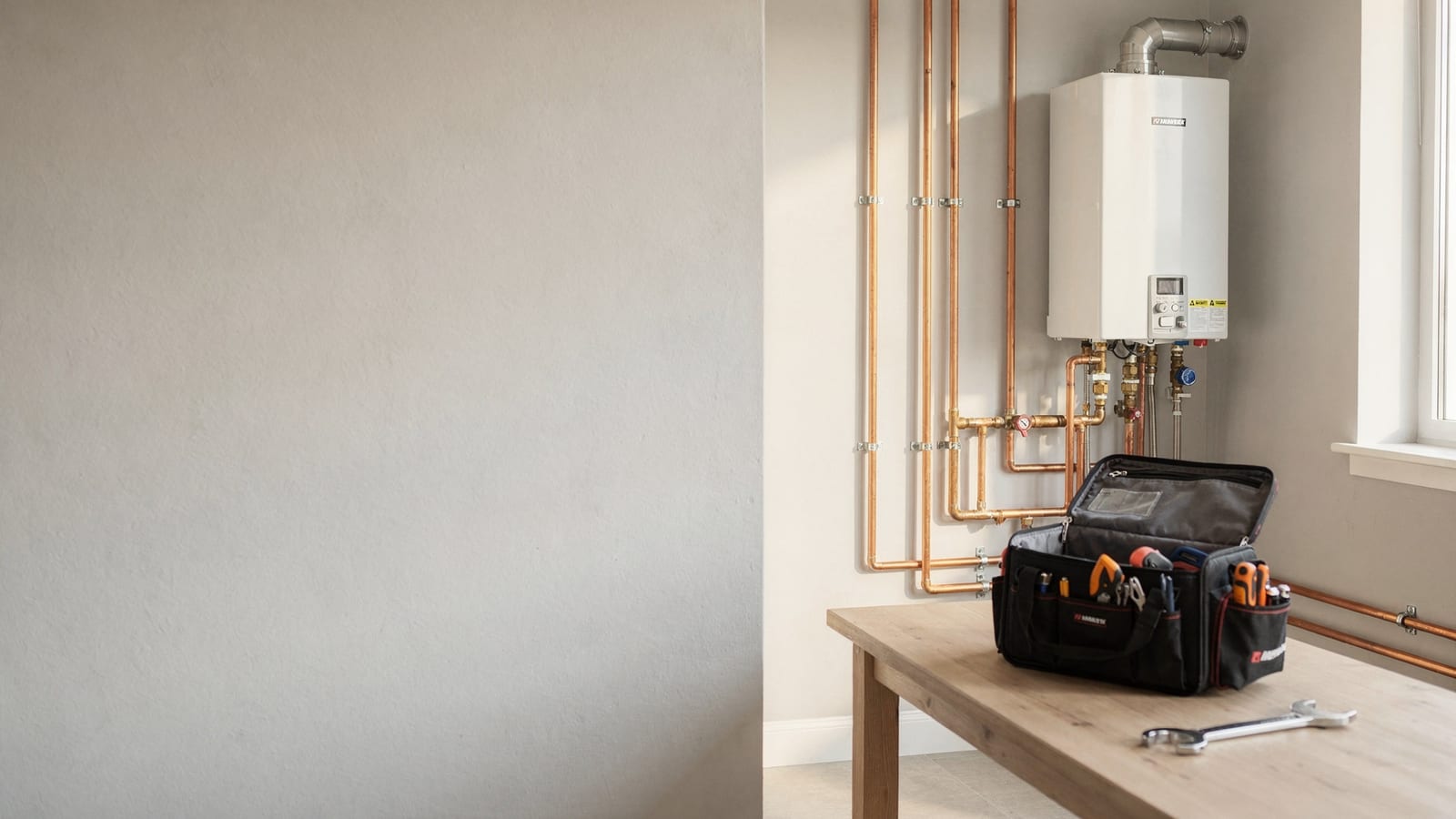 Freshly installed tankless water heater with clean copper lines and a plumber's tool bag in a bright utility room